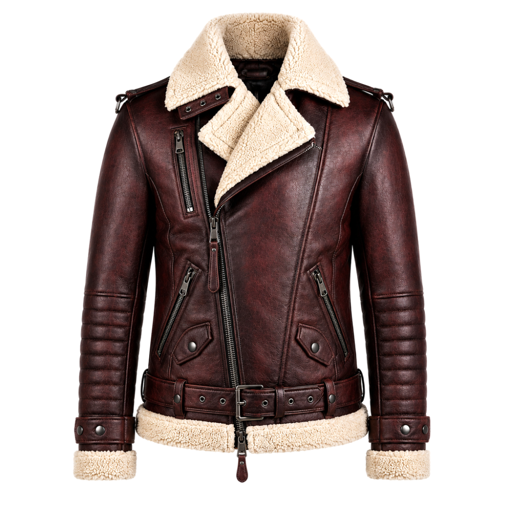 Cafe Racer Belted Maroon Shearling Jacket