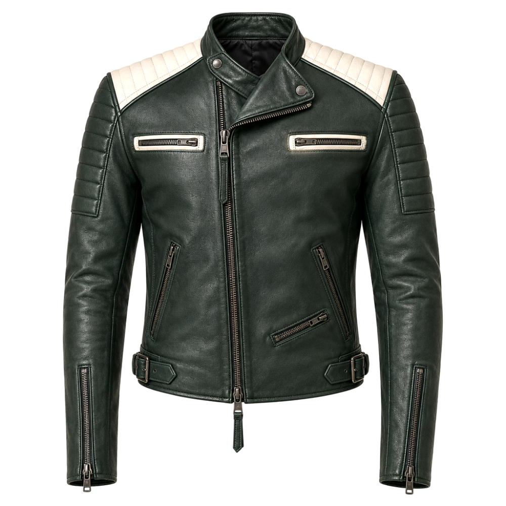 Men Cafe Racer Green Leather Jacket