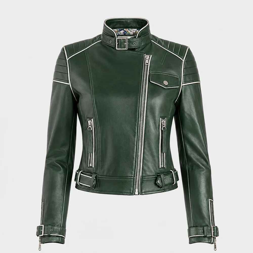 Slim Fit Plain Green Leather Jacket