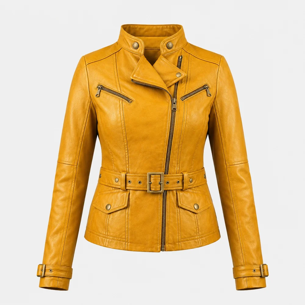 Women Biker Racer Yellow Leather Jacket