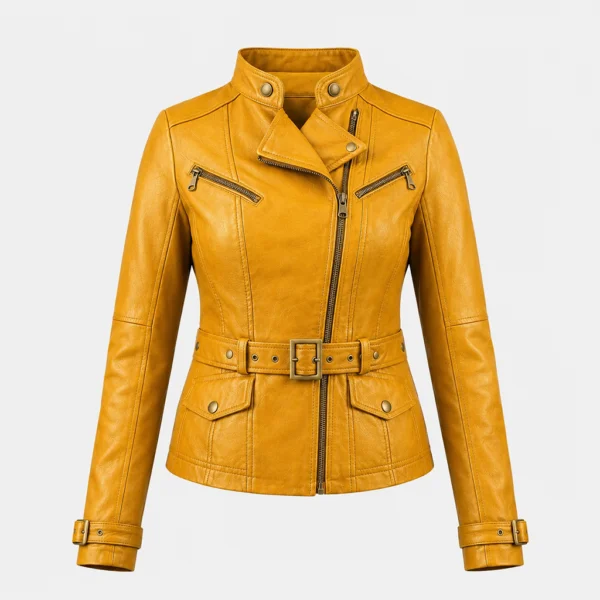 Women Biker Racer Yellow Leather Jacket