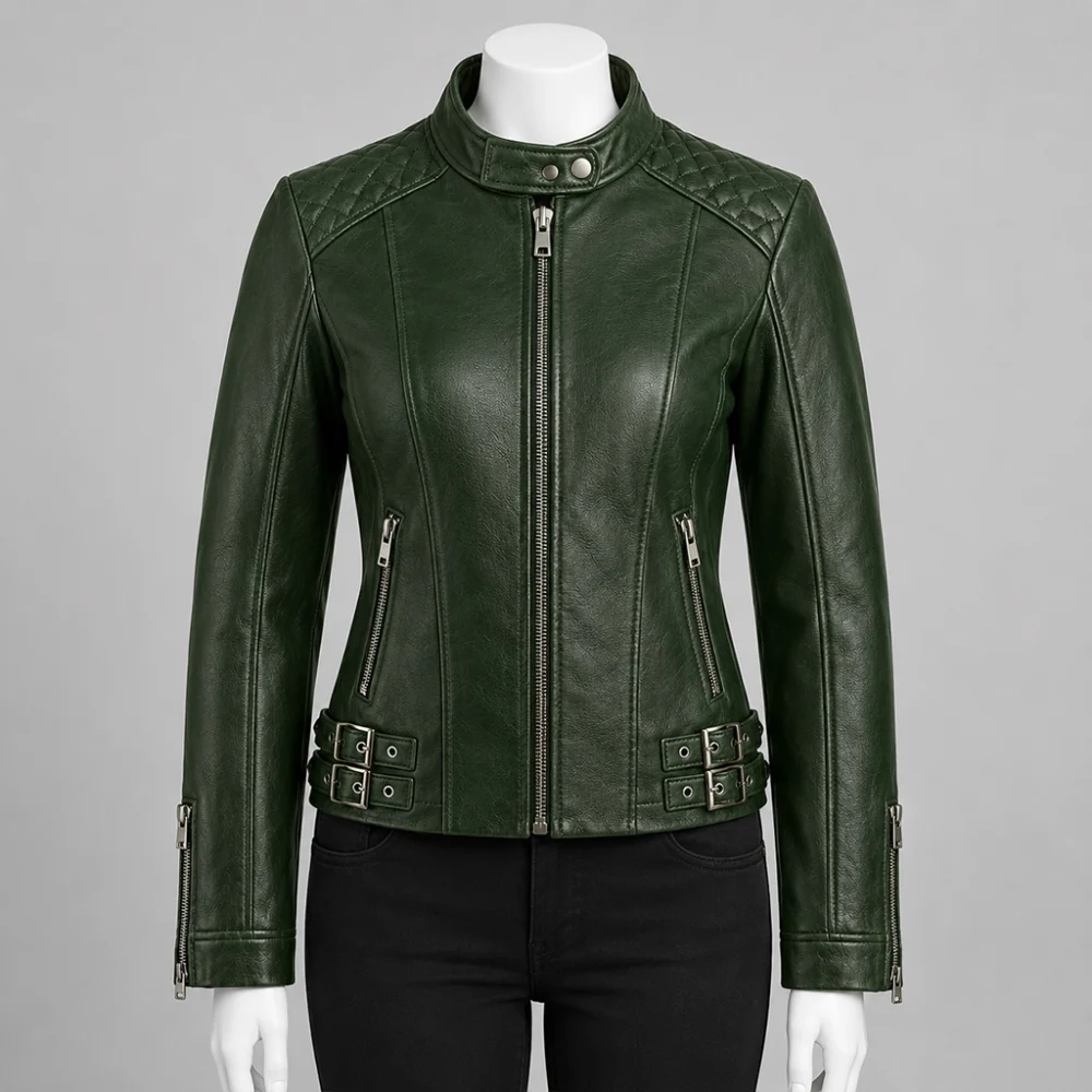 Women Streetwear Green Leather Jacket